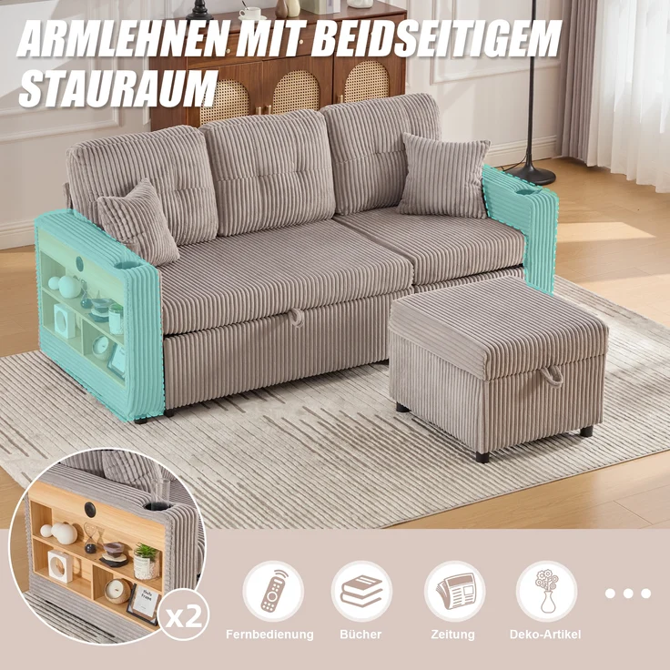 LVHOM Schlafsofa mit LED & USB, Ecksofa mit Ablagefächern, Schublade und Becherhaltern, Schlafcouch aus Cordstoff, frei Kombination, 196x144x85 cm – Bild 5