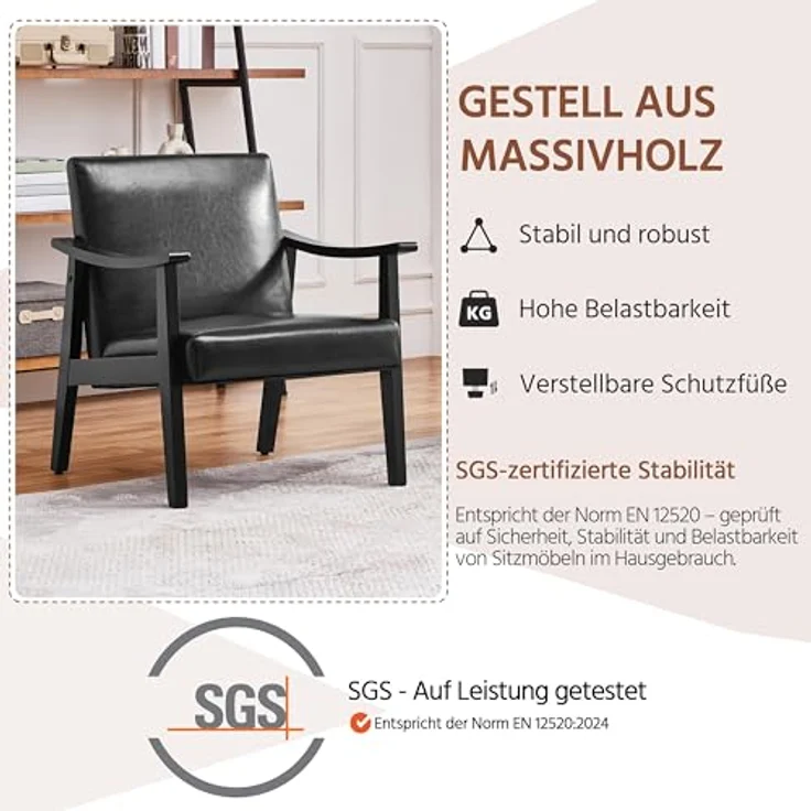 Yaheetech Relaxsessel Retro Loungesessel Polsterstuhl Fernsehsessel Lesesessel Einzelsofa bis 136 kg Belastbar für Wohnzimmer/Empfangsraum/Heimkino/Schlafzimmer Schwarz – Bild 8