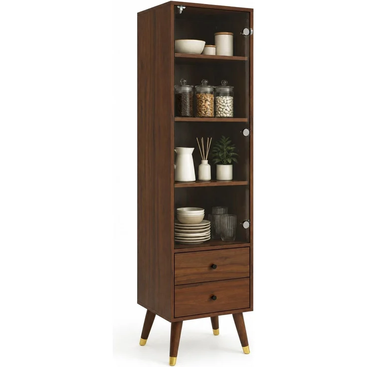 Vitrinenschrank aus MDF in Nussbaumoptik mit Glastür und 2 Schubladen,H 160 x T 39.8 x B 35 cm – Bild 7