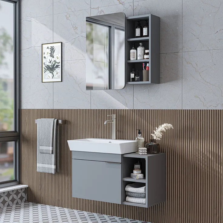 Skye Decor '2930' Badmöbel-Set mit Waschbecken & Spiegel (2-teilig), Esche, 82 x 54 x 38,6 cm