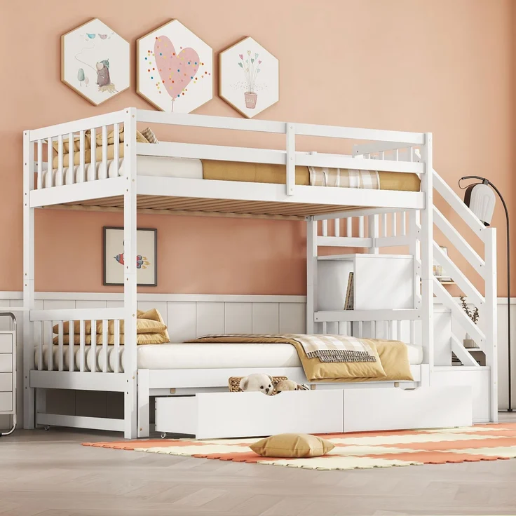 Merax Etagenbett Kinderbett 90x200cm mit umwandelbarem Unterbett 90x200/180x200cm, Weiß – Bild 2