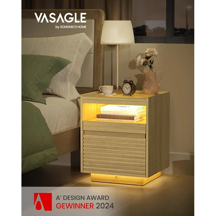 Vasagle Nachttisch mit LED-Beleuchtung und Schublade, Holz natur, 55 x 40 x 45 cm – Bild 2