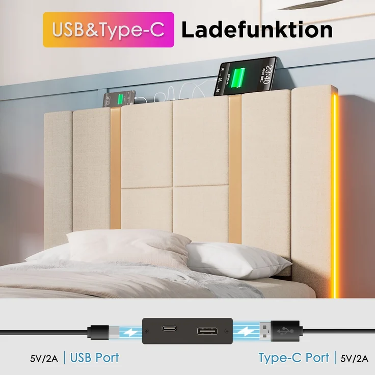 Polsterbett aus Leinen mit LED & USB-Anschluss, Stauraum, 90x200 cm, Beige, ohne Matratze – Bild 8