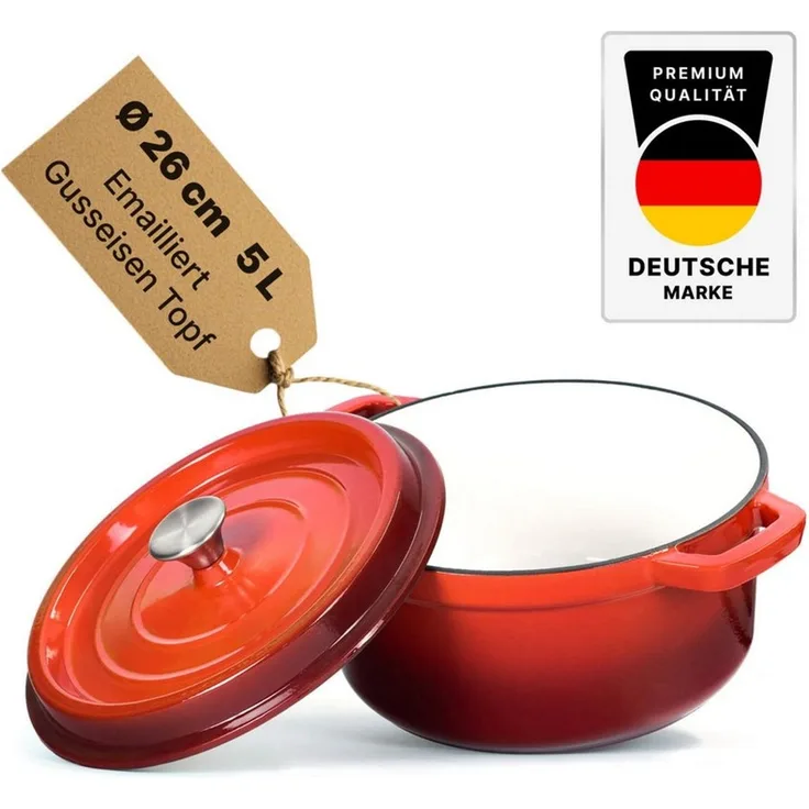 BIG-PAN Kochtopf Emaillierter Gusseisen Topf mit Deckel Ø26 cm 5L Bräter Dutch Oven, Gusseisen (Induktionsgeeignet Backofenfest, Kasserolle Brotbacktopf Cocotte)