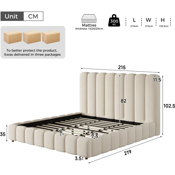 Merax Polsterbett, Doppelbett, 200*200cm, Bett mit Lattenrost und gepolstertes Kopfteil, Beine aus Massivholz, beige, samt – Bild 4
