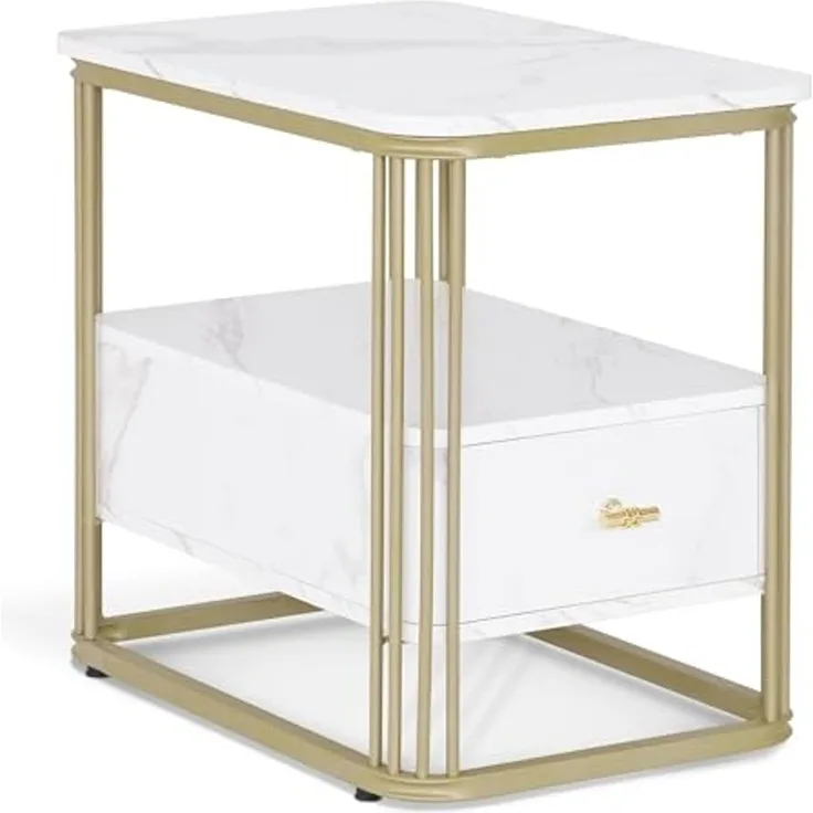 M MCombo Beistelltisch mit Schublade, Modern Sofatisch Marmor Weiß Gold, Klein Kaffeetisch Metallgestell, Nachttisch mit 2 Ablagen, Couchtisch für Wohnzimmer, 60x40x55, 2138