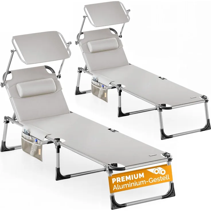 Casaria® 2er Set Sonnenliege Klappbar Wetterfest Gartenliege mit Sonnendach 180kg Belastbar Aluminium Garten Liegestuhl Leicht Poolliege Breit Creme