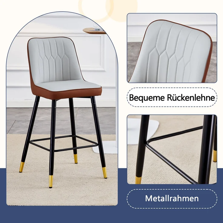 2er-Set Barhocker, 100 cm hoch, aus hellgrauem/braunem PU-Leder in Kombination mit schwarzem Metallgestell und bequemer Fußraste, Die ideale Wahl für Ihre Hausbar.--Braun+Schwarz, Hellgrau--42x45x100cm--YOUDENOVA – Bild 8