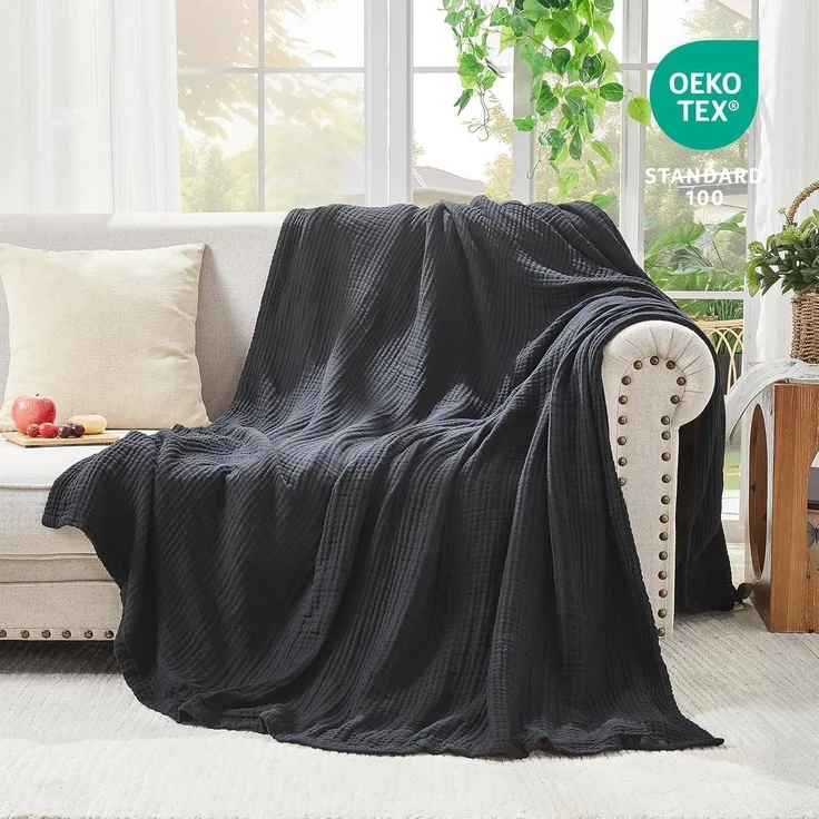Decke Baumwolle Musselin Kuscheldecke 127 x 177 cm 07-schwarz – Bild 3