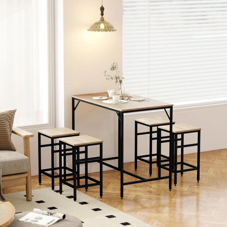 HOMCOM Bargruppe Bartisch mit Barhocker Set 5-teiliges Bartisch-Set Eiche, (5-tlg), Platzsparend – Bild 9