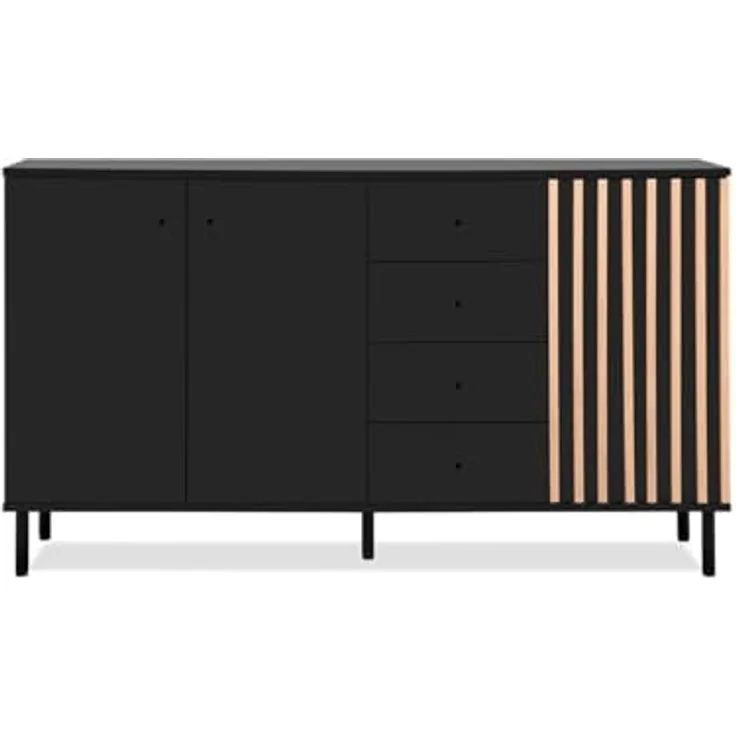 Livetastic Sideboard, Schwarz, Eiche Artisan, Metall, 2 Fächer, 4 Schubladen, 160x90x40 cm
