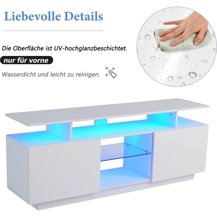 DESVIAE TV-Schrank mit 2 Türen und LED-Beleuchtung 140x55x35 cm Spanplatte Weiß – Bild 4