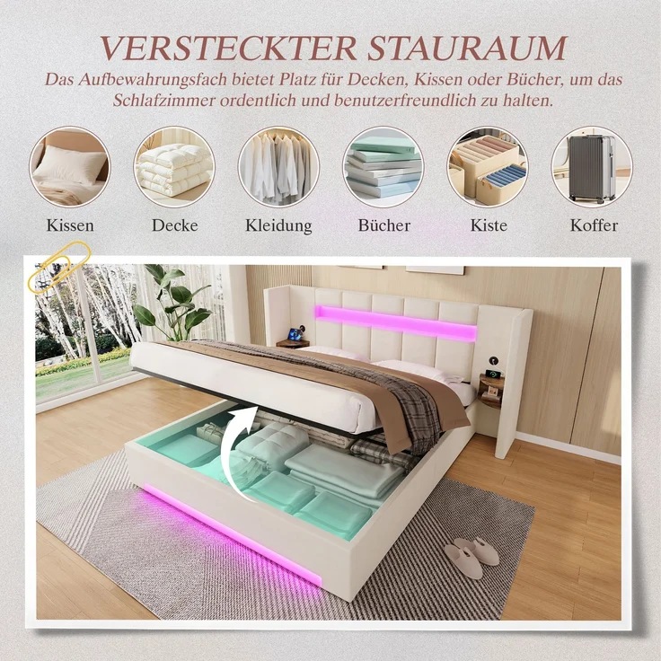 LVHOM Polsterbett 160x200 mit Seitenschränke, Bettgestell mit USB & LED und Stauraum sowie Hydraulik, Doppelbett aus Samt, Funktionbett, Beige – Bild 5