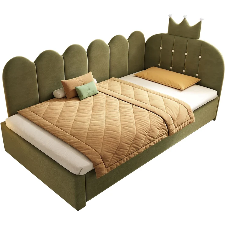 90×200 cm Samt-Sofabett mit Ausziehbett, ausziehbar zu 90×190 cm Einzelgästebett, grüne L-Form, Niedliches Kronen-Gitter-Design, platzsparend, ideal für Kinder- & Gästezimmer, ohne Matratze--Grün--203x98x95cm--YOUDENOVA – Bild 3