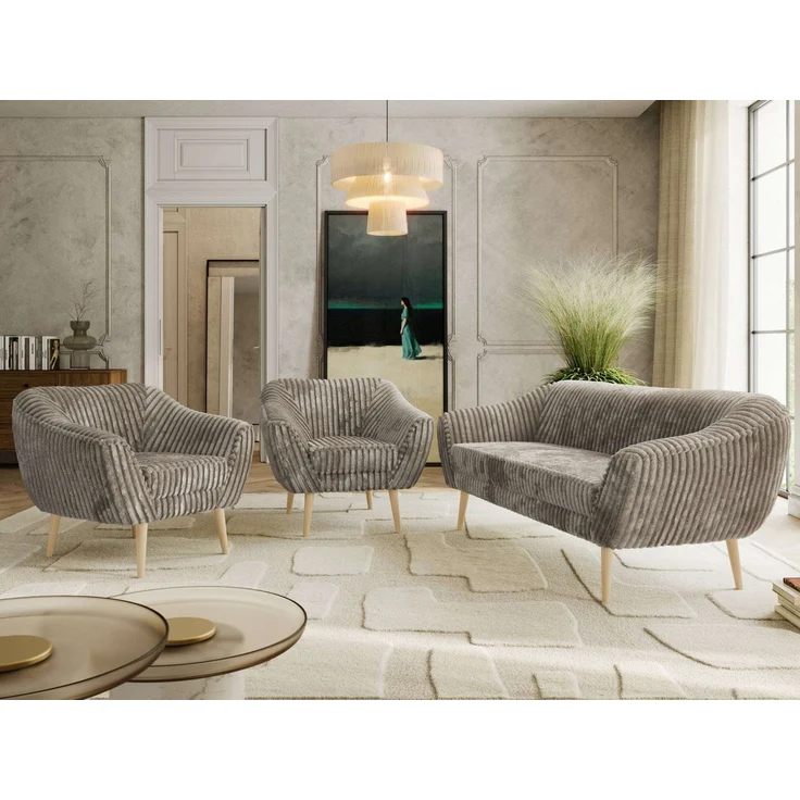 Wohnzimmerset PIRS 1-1-3, Skandinavisches 3-Sitzer Sofa mit Sesseln, Sofa mit Wellenfederung, Buche Füße, Skandinavisches Möbelset - Hellbraun Cord – Bild 1