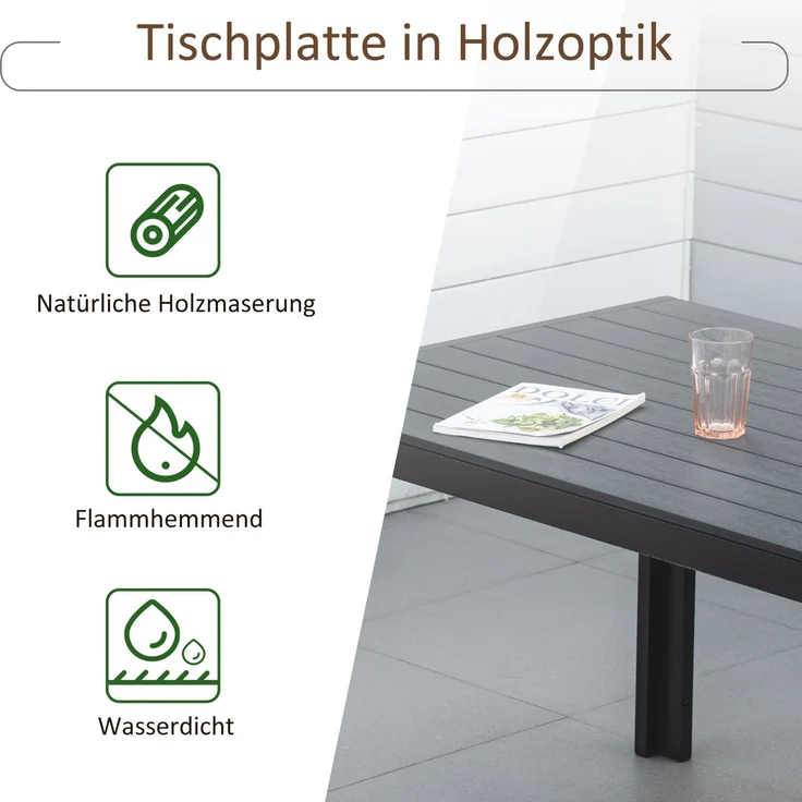 Gartentisch 190 x 84,5 x 72 cm aus Aluminium und Holz-Kunststoff-Verbundstoff – wetterfest in Schwarz – Bild 7