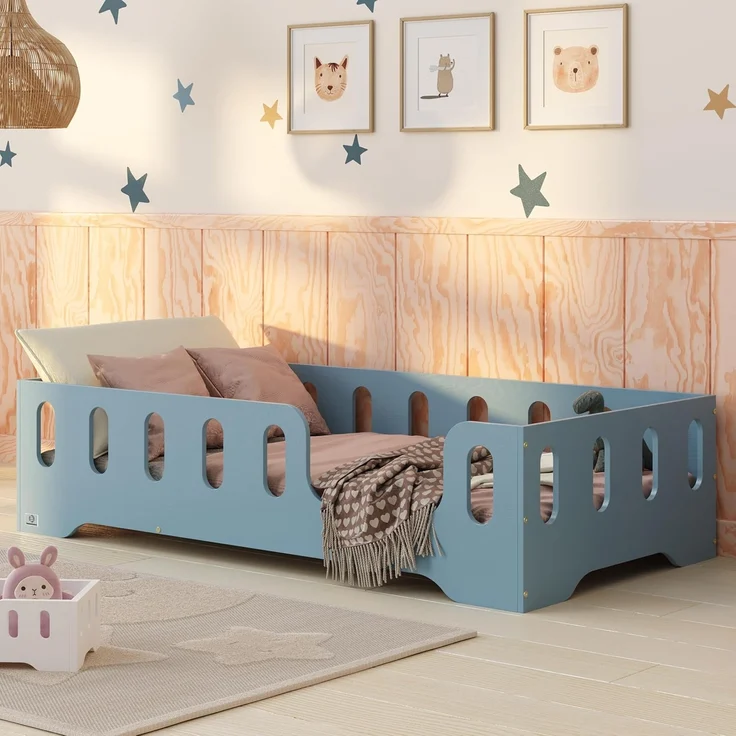 smartwood Kinderbett Bodenbett 80x200 mit Rausfallschutz & Lattenrost - Blau - Kinder Montessori Bett TILA 2P mit glatten Kanten - Betten für schnelle Montage - Bis 230 kg belastbar – Bild 1