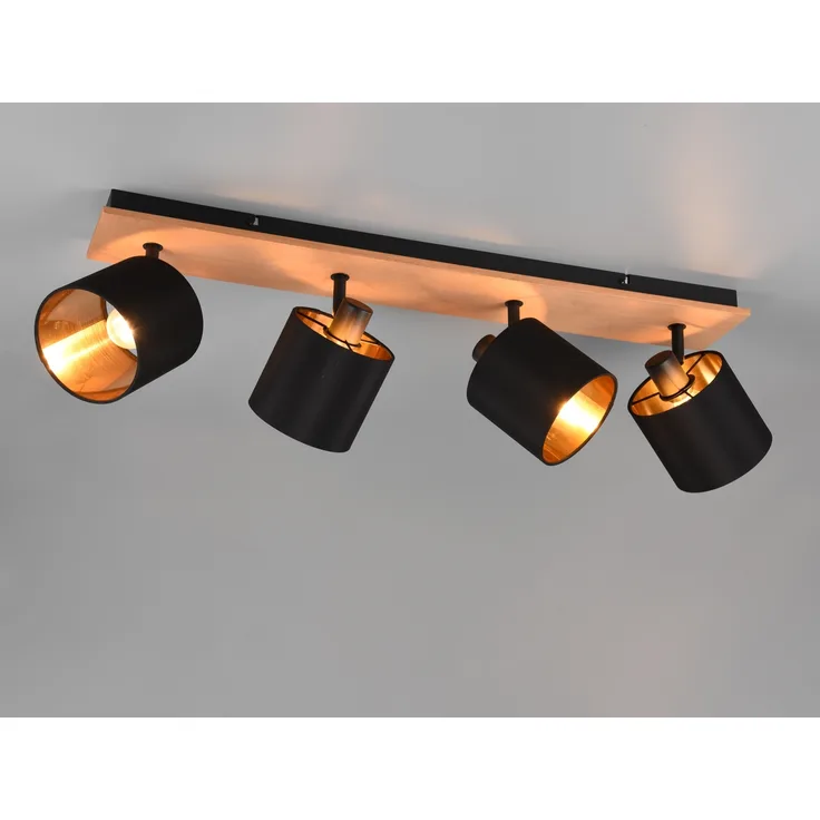 Deckenstrahler TOMMY 4-flammig Holz, Stoffschirme Schwarz Gold, Breite 70cm