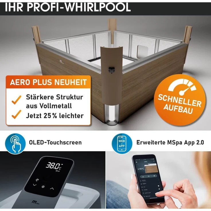 BRAST Whirlpool MSpa Oslo & Amber Aero Plus mit Fester Außenwand inkl. LED-Beleuchtung, (für 6 Personen, 180 x 180 x 65 cm, 140 Massagedüsen), Ganzjähriger Einsatz Winterfest, In & Outdoor Pool – Bild 3