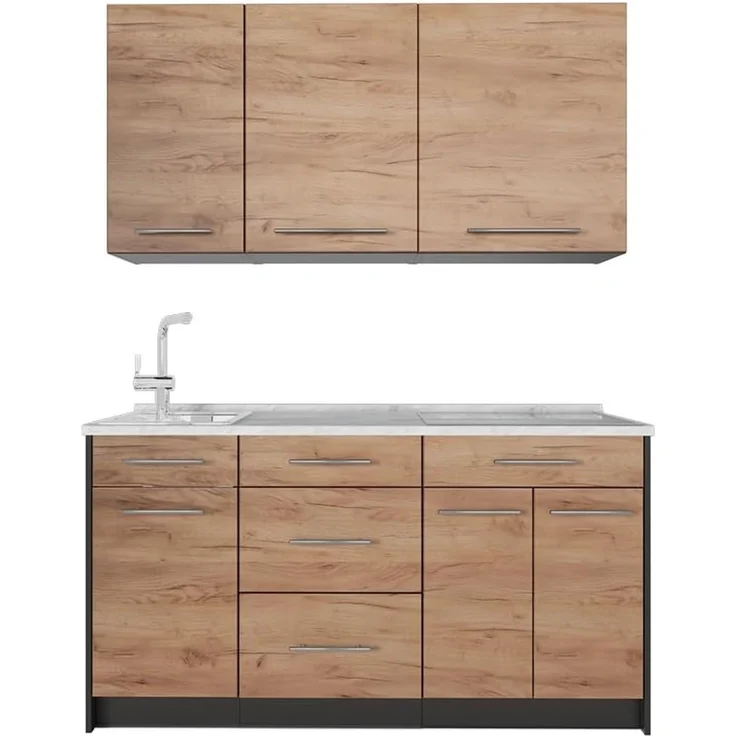 Singleküche Fame-Line Goldkraft Eiche/Anthrazit 150 cm, AP Marmor Vicco – Bild 1