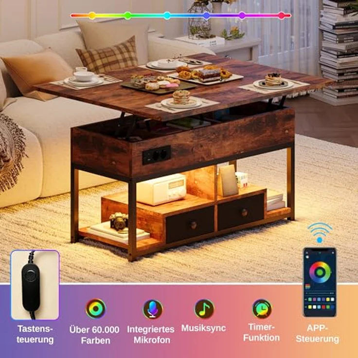 IRONCK Couchtisch Höhenverstellbar, LED Wohnzimmertisch mit Steckdosen | 2AC+USB+USB‑C, Kaffeetisch Holz, 2 Schubladen, Umwandelbar Esstisch 100×80cm, Vintagebraun – Bild 4