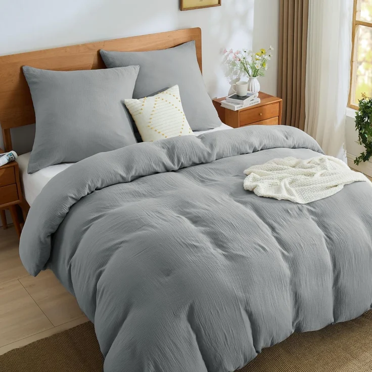 BEDELITE Musselin Bettwäsche 220x240 Baumwolle - Bettwäsche-Sets Sommer Grau 3teilig mit Reißverschluss, Bettbezug 240x220 mit 2 Kissenbezüge 80x80 cm, weiche und atmungsaktiv