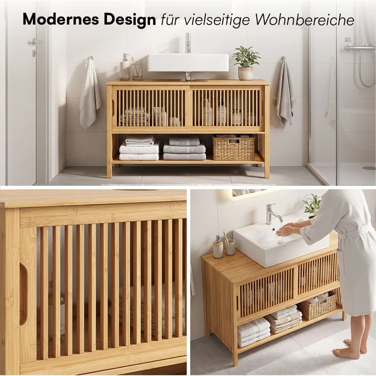 Bellamio 'Newa' Waschbeckenunterschrank, Bambus, natur, Badezimmerschrank mit 2 Ablagefächern und Schiebetüren – Bild 5