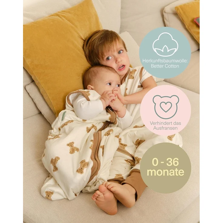 molis&co - Baby Schlafsack ärmellos - Ideal für Frühling und Herbst - Babyschlafsack 1 tog ohne Ärmel - Leicht gepolstert - 100% Baumwolle (Oeko-TEX 100), Premium Qualität - Teddy (70 cm) – Bild 5