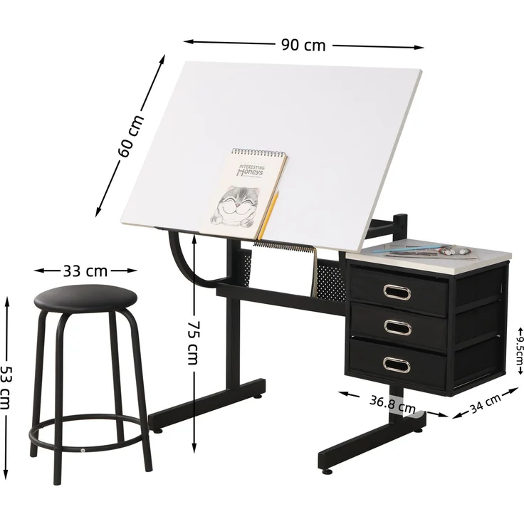 Weißer, höhenverstellbarer Zeichentisch mit Hocker und 3 Schubladen zum Basteln, Lesen und Schreiben – 115 x 60 x 76,2 cm – YOUDENOVA – Bild 4