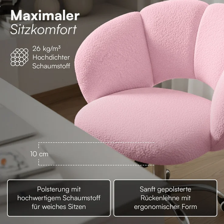Bellamio 'Meli' Wolkenstuhl, rosa, Teddy-Bouclé Stoff, höhenverstellbar & drehbar, bis 140 kg, Schmink- & Schreibtischstuhl mit Rollen – Bild 8