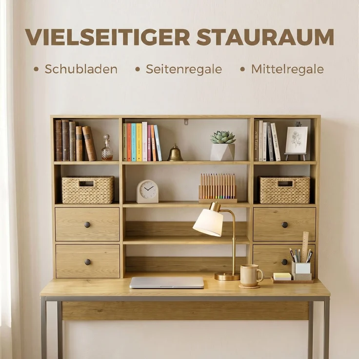 HOMCOM Schreibtisch, Spanplatte, Metall, Naturholz, 105L x 60B x 142H cm – Bild 4