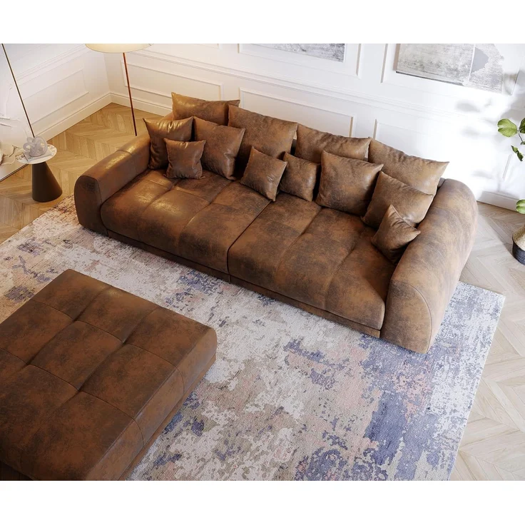 Delife 'Violetta' Big-Sofa, Mirkofaserstoff, 310 x 135 x 62 cm, Braun, mit Hocker – Bild 5