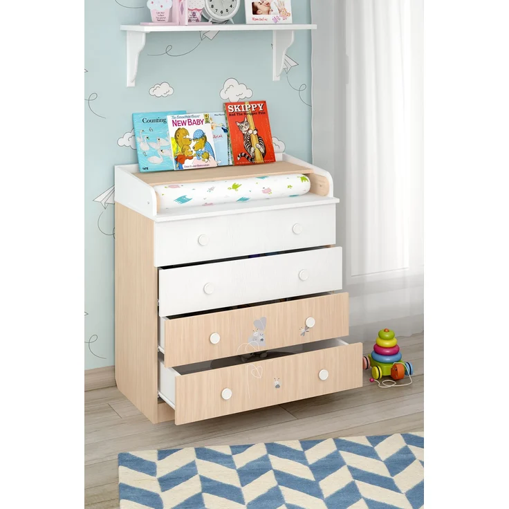 Shefa Kids Wickelkommode 800 Teddy, Weiß-Pastell Eiche, 4 Schubladen, 80 cm Breite – Bild 7