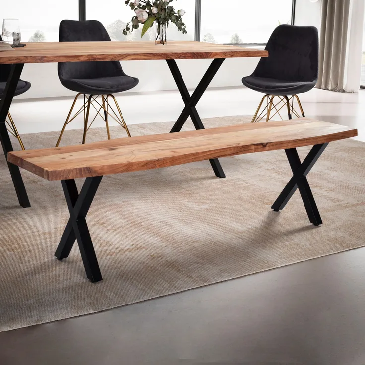FineBuy Esszimmerbank Akazie Massivholz / Metall mit Baumkante, Esstischbank Modern, Holzbank Massiv ohne Lehne, Küchenbank Essbank mit X-Beinen, Sitzbank Esszimmer