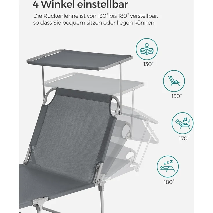 SONGMICS Sonnenliege, 2er Set, Liegestuhl, bis 250 kg belastbar, 193 x 53 x 29 cm, mit Sonnendach und Verstellbarer Rückenlehne GCB19UV1-2 – Bild 4