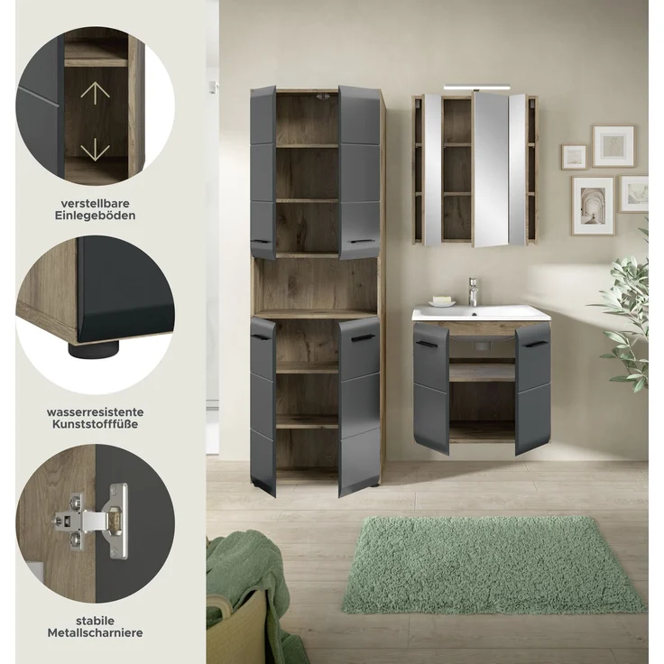Badkombination (B/H/T: 135x185x46 cm) in schwarz matt und Nox Oak Nachbildung – Bild 7