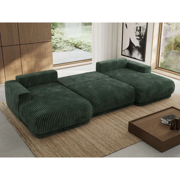 XXL Wohnlandschaft RINA U-Form 360 cm breit, Sofa mit Schlaffunktion & DL-Mechanismus, Wellenfederung, modern freistehend - Dunkelgrün Cord – Bild 4