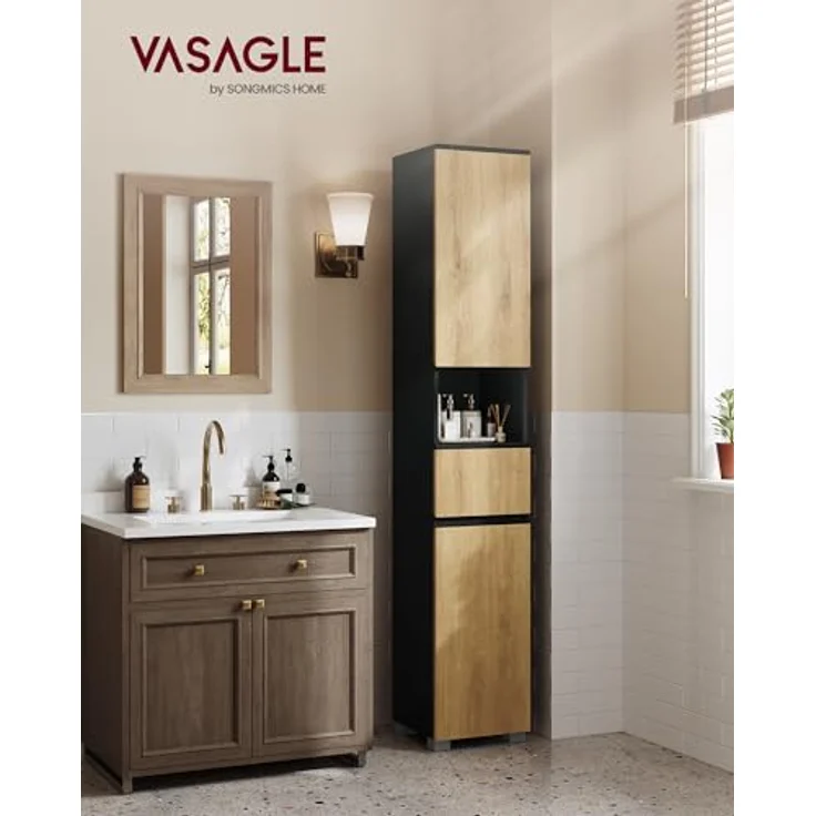 VASAGLE Badezimmerschrank, Badschrank, Badezimmermöbel mit Einer Schublade, verstellbare Ablagen, offenes Fach, 30 x 30 x 170,2 cm, tintenschwarz-naturbraun BBK560BC01 – Bild 2
