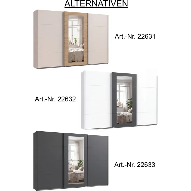 Schwebetürenschrank 3-trg. Kleiderschrank 313 cm Beige Grau, Eiche Natur Spiegel – Bild 9