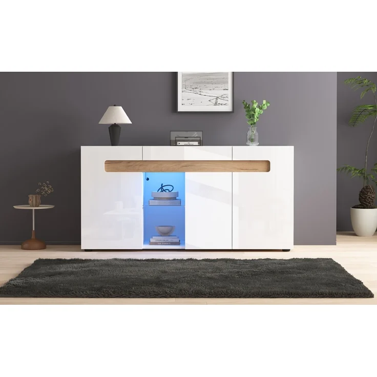 ZUBALIYA Sideboard 140x40x70 cm, mit LED-Beleuchtung, mit App-Steuerung, Hochglanz, aus Spanplatte, Weiß / Natur – Bild 23