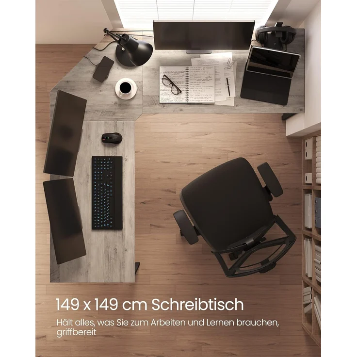 VASAGLE Eckschreibtisch, L-förmiger Computertisch, 149 x 149 x 76 cm, platzsparender Bürotisch, Homeoffice, Gaming, Greige meliert-tintenschwarz LWD073B02 – Bild 4