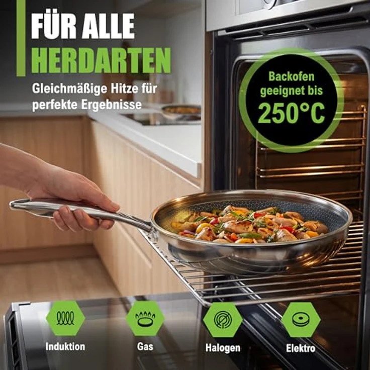 Morleos Bratpfanne, Edelstahl 20 cm, kratzfest, antihaft, für Gas, Induktion und Elektro, PFAS/PTFE frei mit Keramik Wabentechnologie – Bild 5