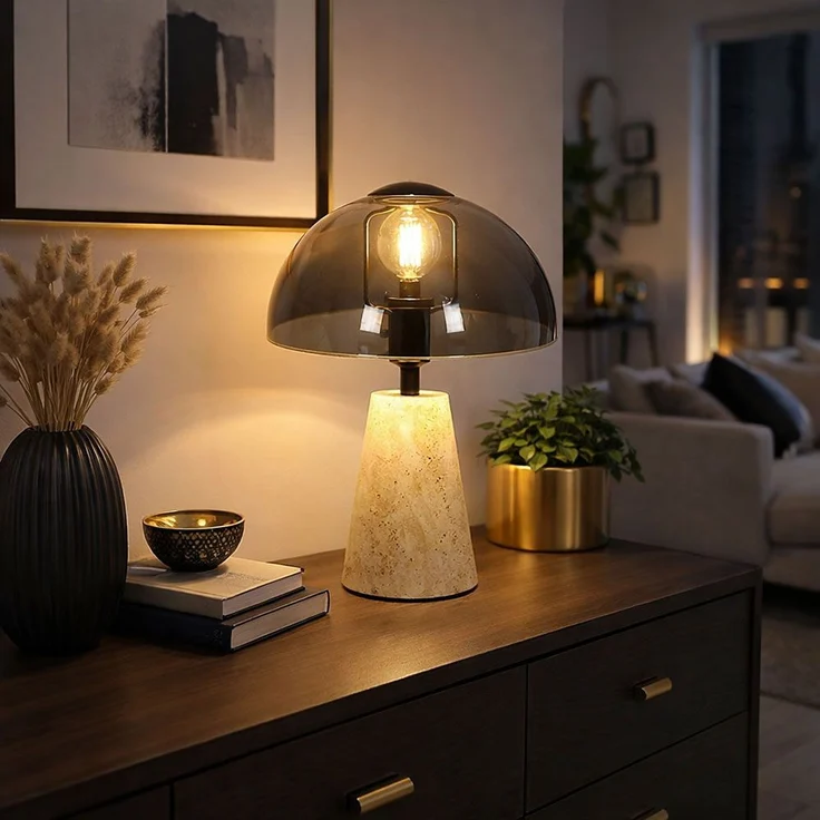 Tischleuchte, Travertine Stein, Glas rauchfarben, H 31 cm – Bild 3