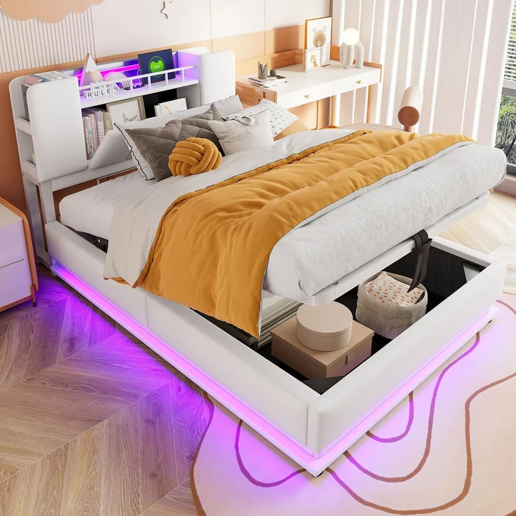 EINHOM Smartes Polsterbett für Kinder 90 x 200 cm, Gepolstert, mit LED-Beleuchtung, USB-Anschluss und Hydraulischem Stauraum, Weichem Samtbezug, Metallrahmen, Beige, (Ohne Matratze) – Bild 1