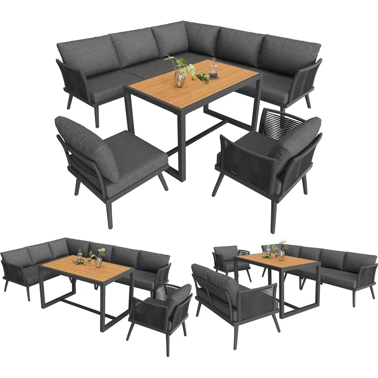 Merax Gartenlounge-Set, 7-Sitzer L-förmiges Gartensofa-Set mit Sessel, geflochtenen Armlehnen, Wetterfeste Eckgarnitur aus Eisen, mit Holz-Couchtisch, Mit Polstern & Kissen, Grau – Bild 10