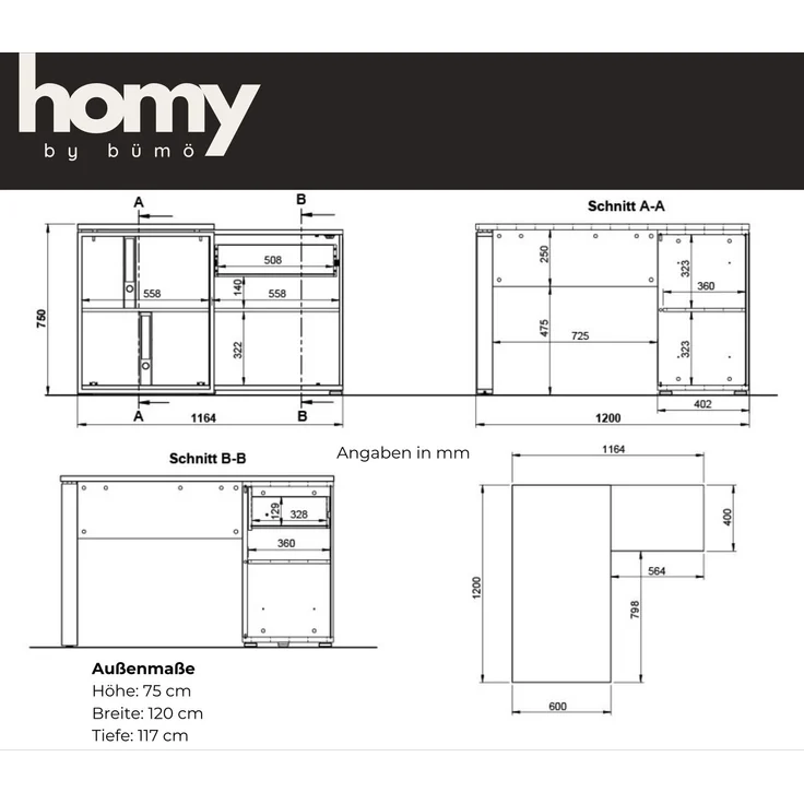 bümö Schreibtisch 120x60 cm mit integriertem Sideboard in Weiß-Eiche, Eckschreibtisch mit Schubladen & Regal - Winkelschreibtisch L-Form, PC Tisch, Computertisch für's Büro, Bürotisch, HYWS-513 – Bild 5