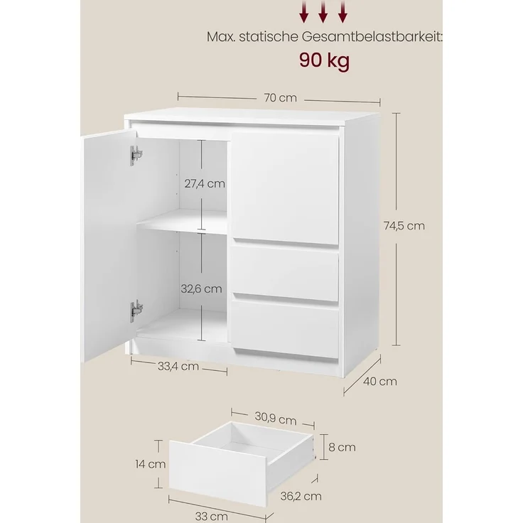 VASAGLE Kailyn Collection – Sideboard, Aufbewahrungsschrank mit Türen, 2 Schubladen und verstellbarem Einlegeboden, 40 x 70 x 74,5 cm, für Wohnzimmer, Küche, Arbeitszimmer, Wolkenweiß BBK243W01V1 – Bild 6