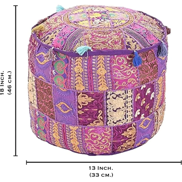 Aakriti Indian Pouf Fußhocker mit Stickerei Pouf, indische Baumwolle, Pouffe osmanischen Pouf Cover mit ethnischem Dekor Kunst - Cover (Purple, 46x33 cms) – Bild 3
