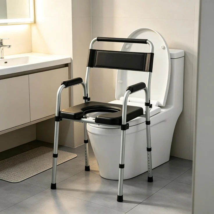 Klappbarer Toilettenstuhl mit Armlehnen und Rückenlehne,Tragbarer Sanitärstuhl,Klappbarer Toilettenstuhl,Höhenverstellbarer Toilettenstuhl als Duschhilfe(nur mit 1pcs Toilettenstuhl)--Schwarz--52.5x46x97cm--YOUDENOVA – Bild 1
