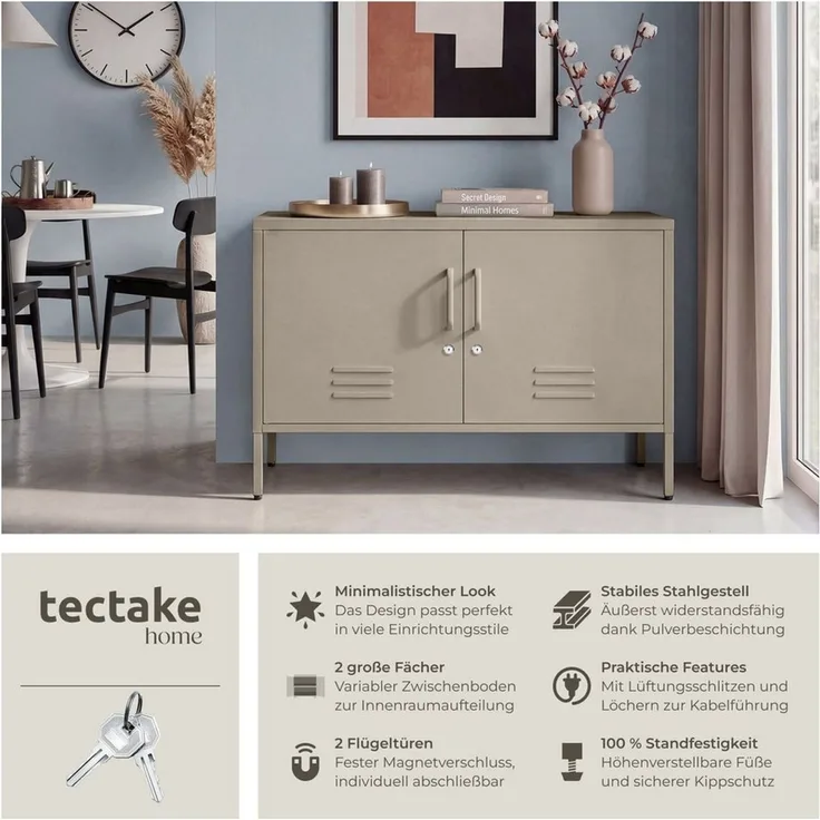 tectake Lowboard Sideboard, 2 Türen mit Magnetverschluss, einzeln abschließbar